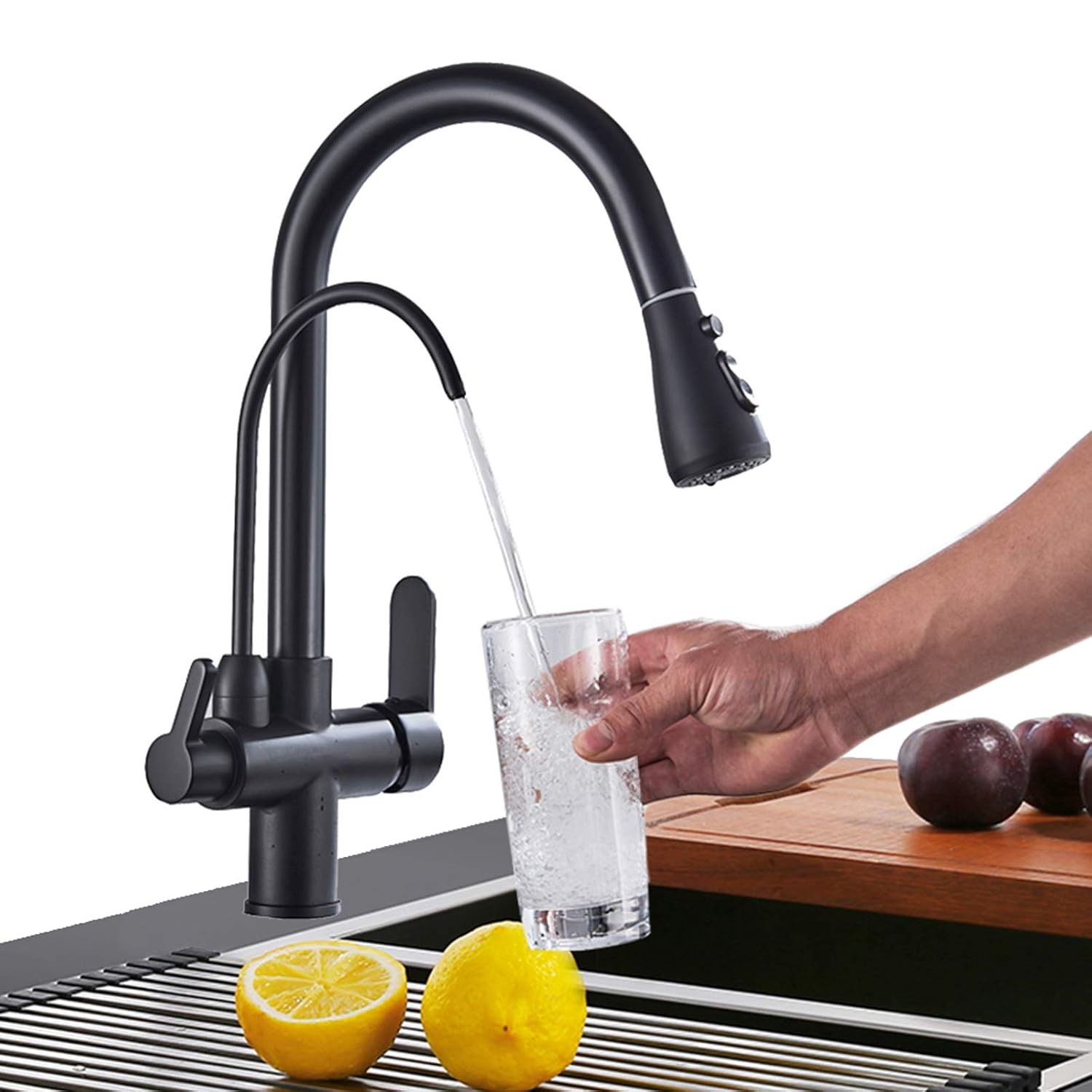 Keukenkraan Zwart 3-weg met Waterfilter & Uittrekbare Sproeier - 34% Korting