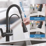 Keukenkraan Zwart 3-weg met Waterfilter & Uittrekbare Sproeier - 34% Korting