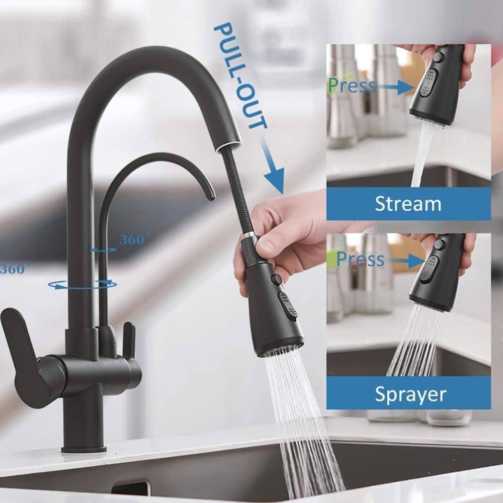 Keukenkraan Zwart 3-weg met Waterfilter & Uittrekbare Sproeier - 34% Korting