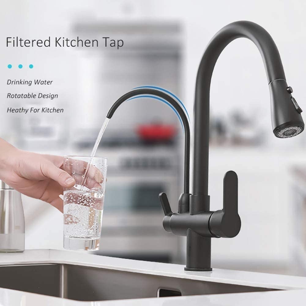 Keukenkraan Zwart 3-weg met Waterfilter & Uittrekbare Sproeier - 34% Korting