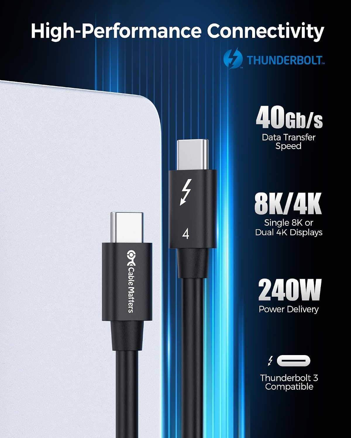 Thunderbolt 4 Kabel 0,8m - 40Gbps, 8K & 240W Opladen - 32% Korting!