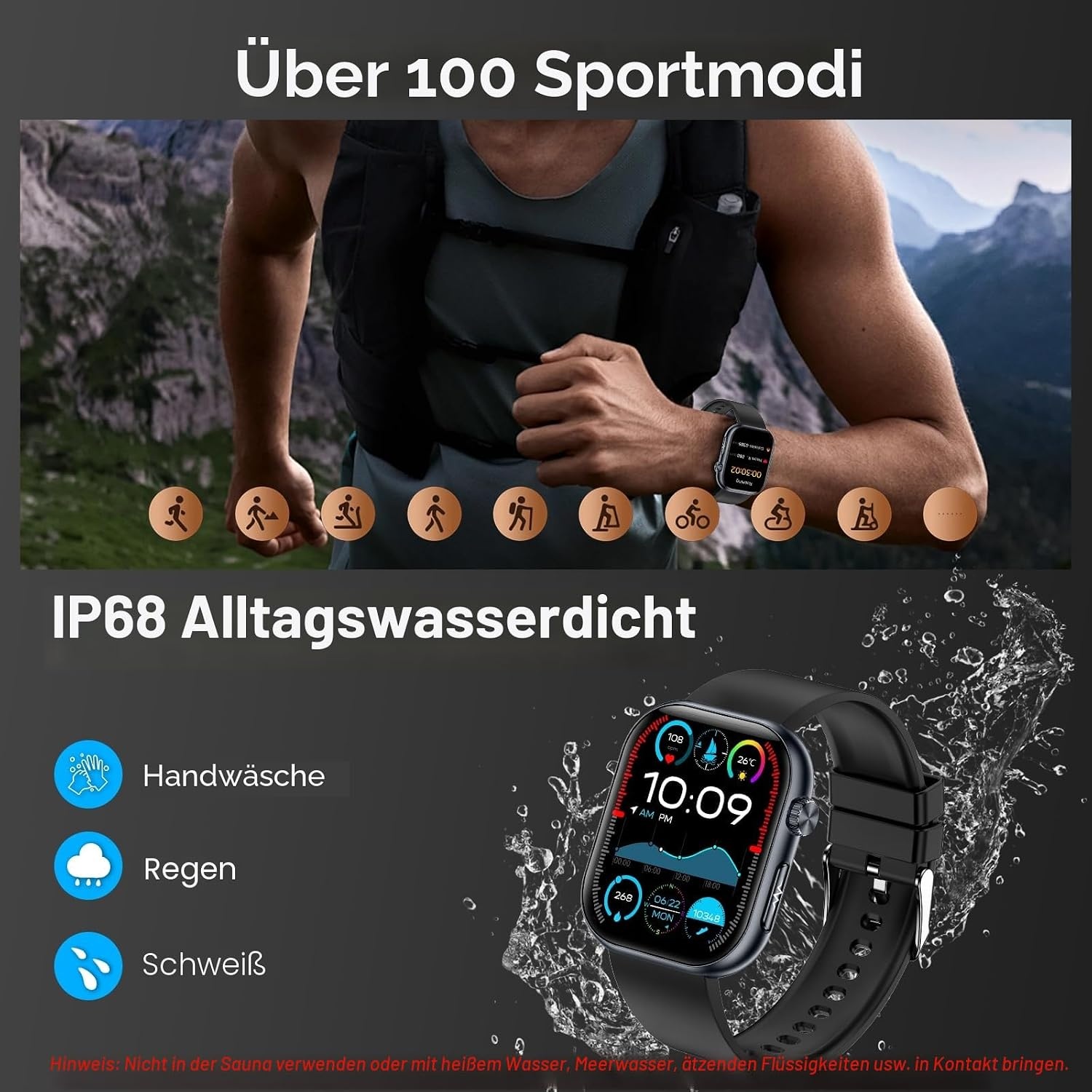 YUPENG Smartwatch 1,95 inch AMOLED - Fitness Tracker met Gezondheidsfuncties - Zwart
