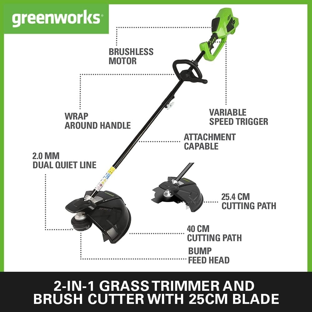 Greenworks 40V Accu Bosmaaier en Grastrimmer - 40 cm - Inclusief 2 Accu's en Lader - Groen