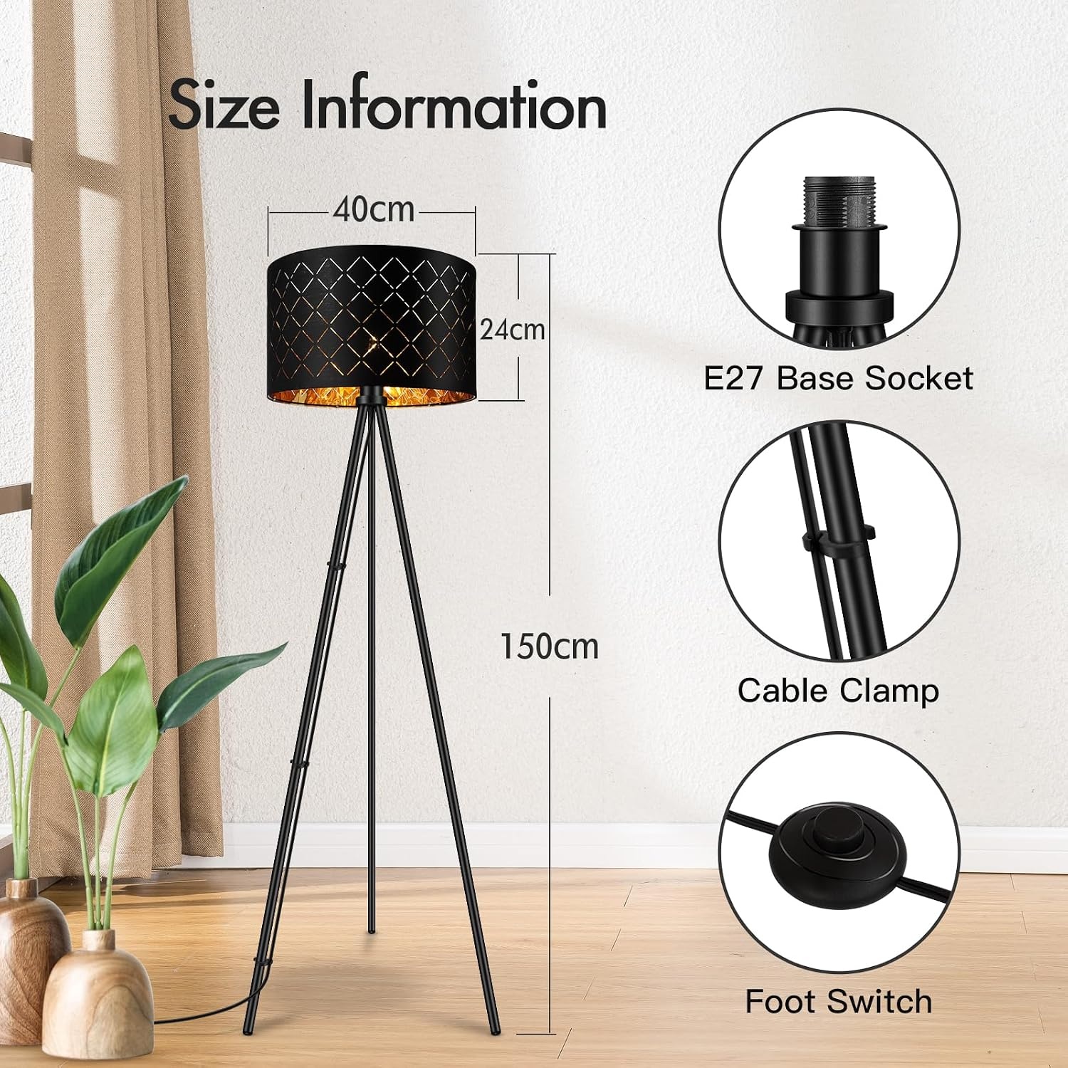 AUQUEE LED Tripod Vloerlamp - 158 cm - Moderne Drielpoots Staande Lamp - Zwart met Goud - Inclusief LED