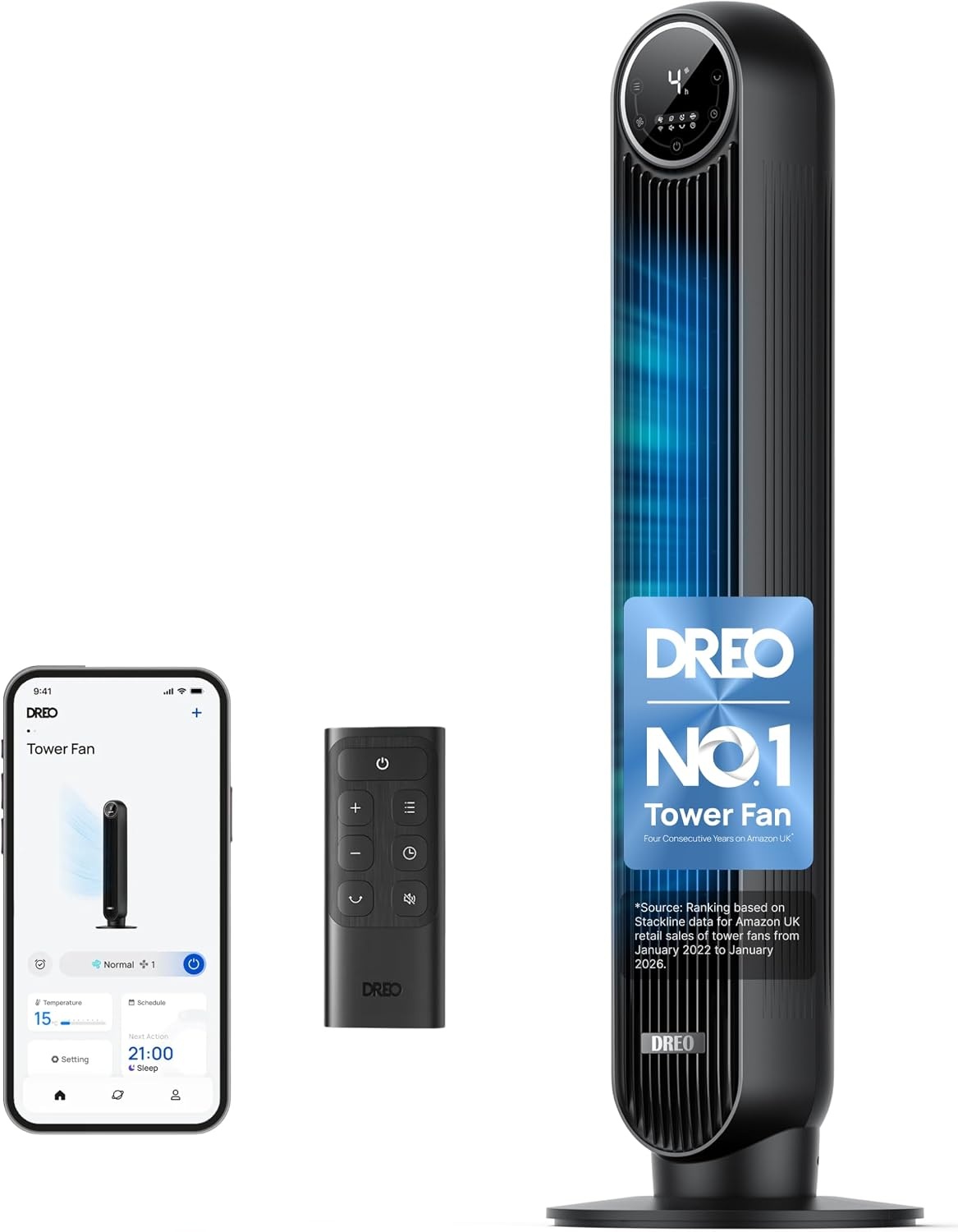 DREO Nomad One Tower Fan - Stille 36 inch Ventilator met Afstandsbediening - Zwart