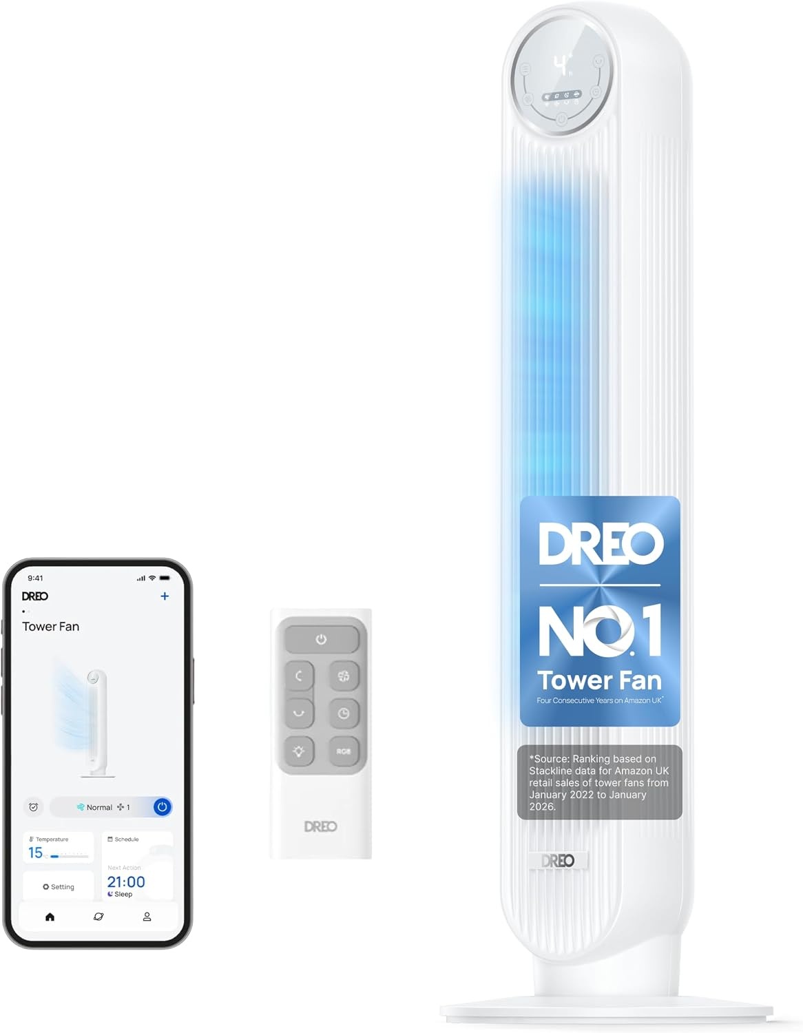DREO Nomad One Tower Fan - Stille 36 inch Ventilator met Afstandsbediening - Zwart
