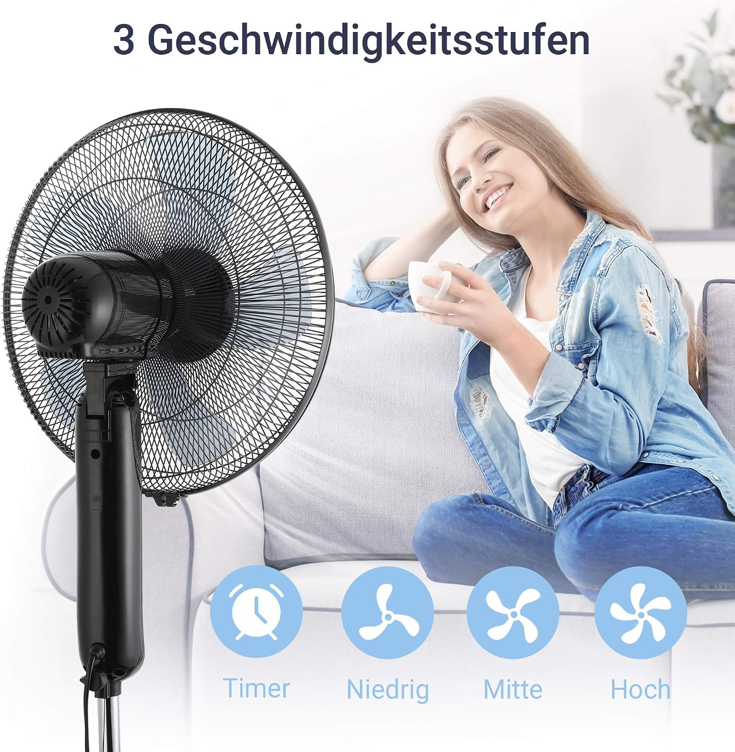 Midea FS40-15FR Staande ventilator, stil met afstandsbediening, 3 snelheden, led-display, 7,5 uur-timer, in hoogte verstelbaar, 80 graden oscillatiefunctie, 55 W krachtig, ventilator, luchtcirculatie, zwart