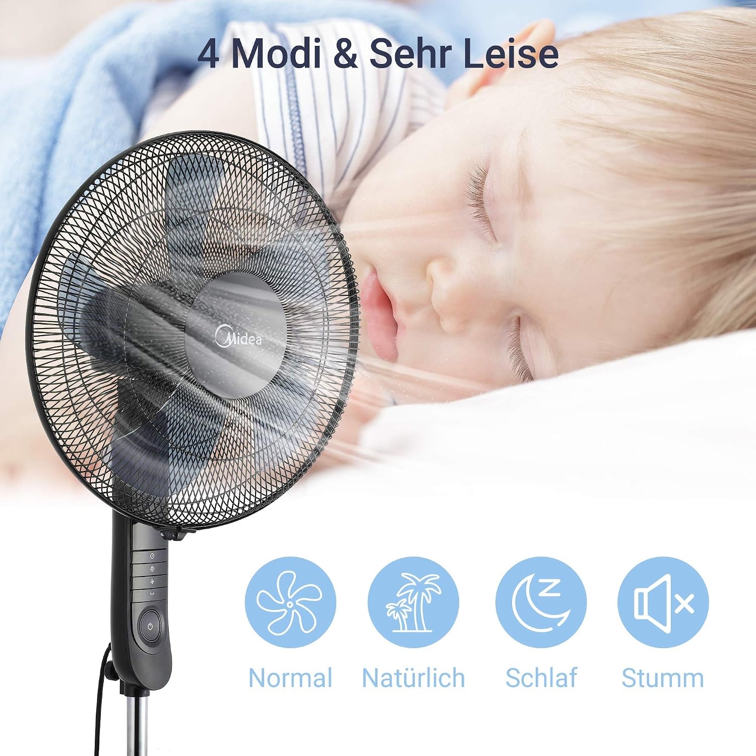 Midea FS40-15FR Staande ventilator, stil met afstandsbediening, 3 snelheden, led-display, 7,5 uur-timer, in hoogte verstelbaar, 80 graden oscillatiefunctie, 55 W krachtig, ventilator, luchtcirculatie, zwart