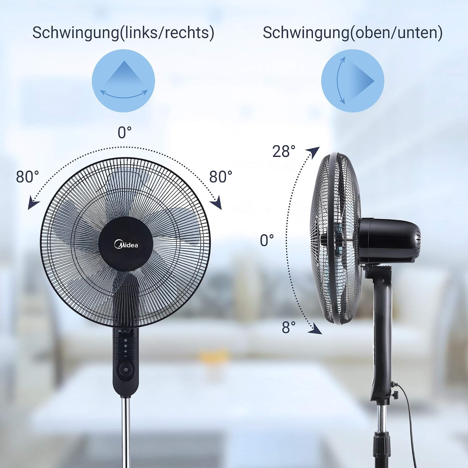 Midea FS40-15FR Staande ventilator, stil met afstandsbediening, 3 snelheden, led-display, 7,5 uur-timer, in hoogte verstelbaar, 80 graden oscillatiefunctie, 55 W krachtig, ventilator, luchtcirculatie, zwart