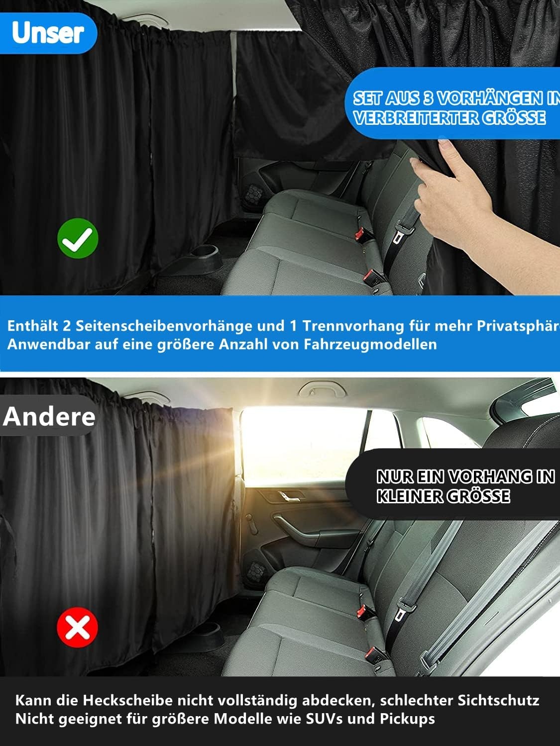 Set van 3 scheidingsgordijnen voor de auto, zonwering, scheidingsgordijn, voor reizen, privacy, gordijn, afneembare inkijkbescherming, auto voor alle autozonneklep, reizen, camping, nap slapen