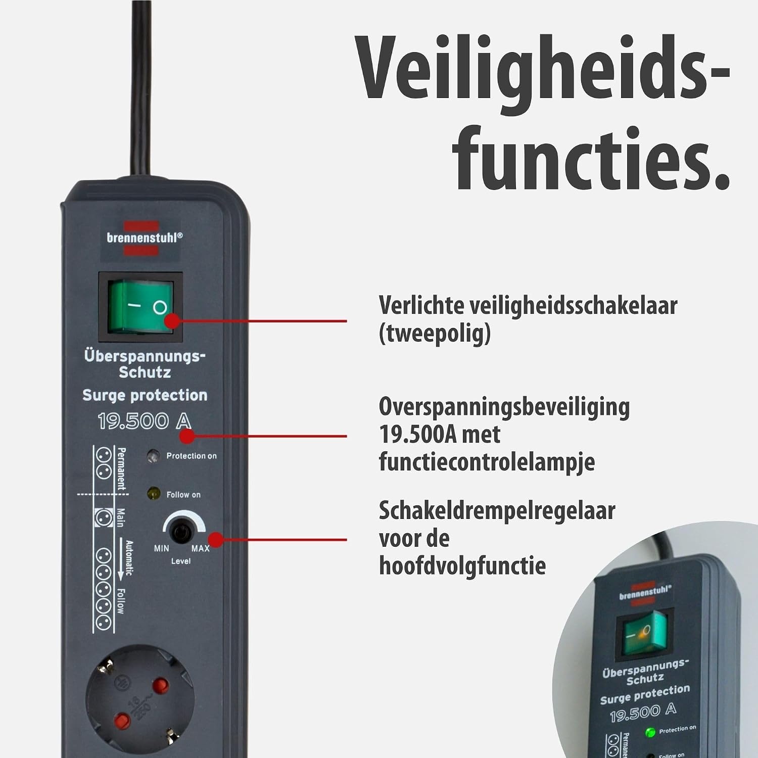 Brennenstuhl Secure-Tec Stekkerdoos 8-voudig met overspanningsbeveiliging en Main-Follow functie (stekkerdoos met 3m kabel en schakelaar) antraciet