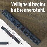Brennenstuhl Secure-Tec Stekkerdoos 8-voudig met overspanningsbeveiliging en Main-Follow functie (stekkerdoos met 3m kabel en schakelaar) antraciet