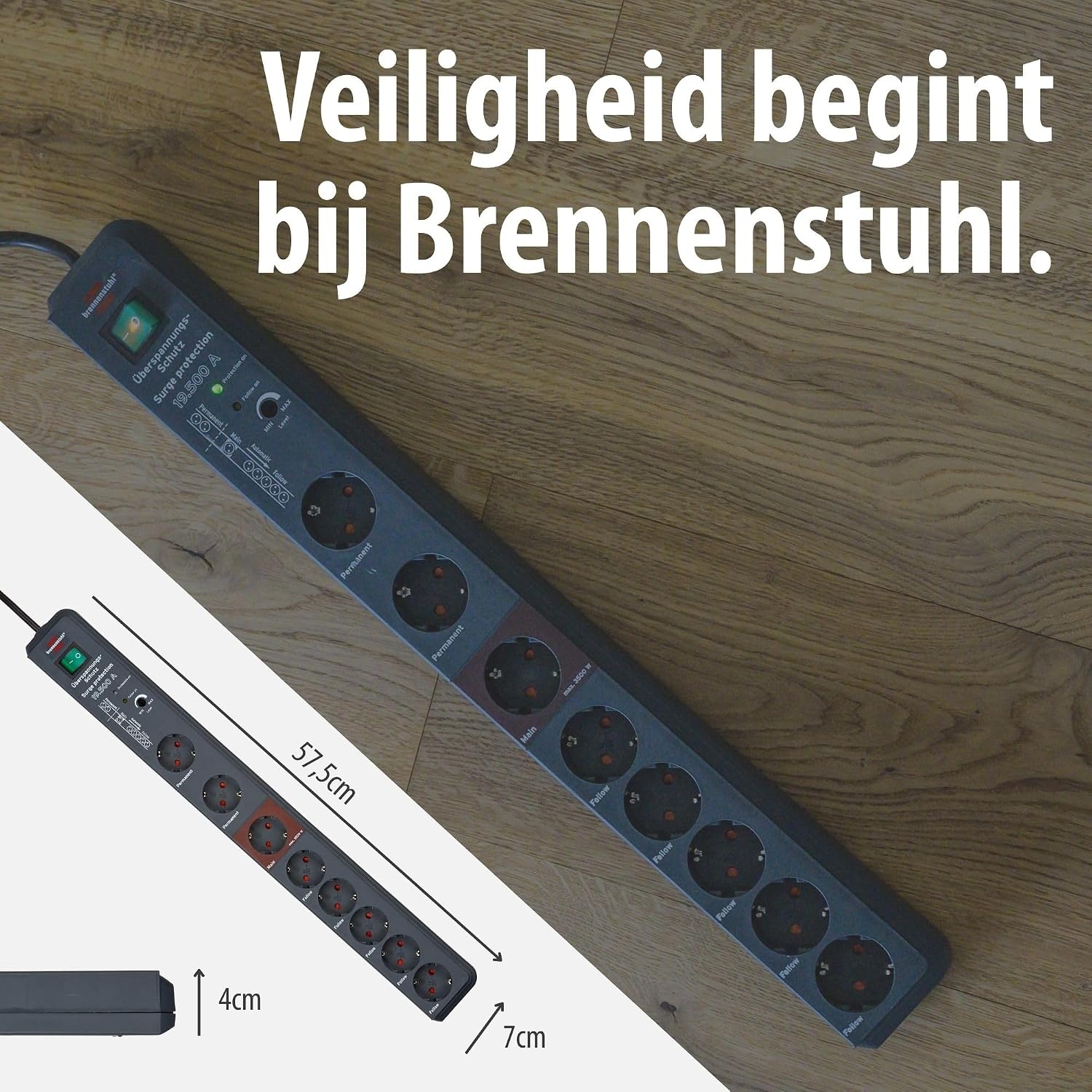 Brennenstuhl Secure-Tec Stekkerdoos 8-voudig met overspanningsbeveiliging en Main-Follow functie (stekkerdoos met 3m kabel en schakelaar) antraciet