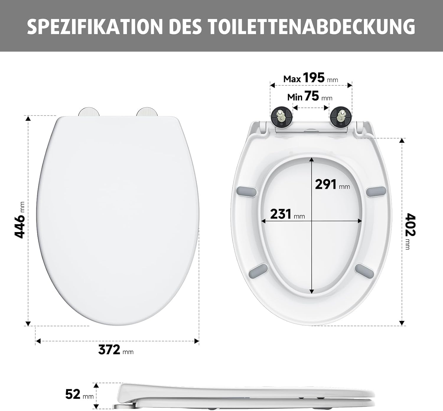 Rainsworth Nano Glaze Toiletdeksel, Urea Formaldehyde toiletbril met softclosemechanisme, ergonomisch ontworpen antibacteriële wc-deksel, universele wc-bril