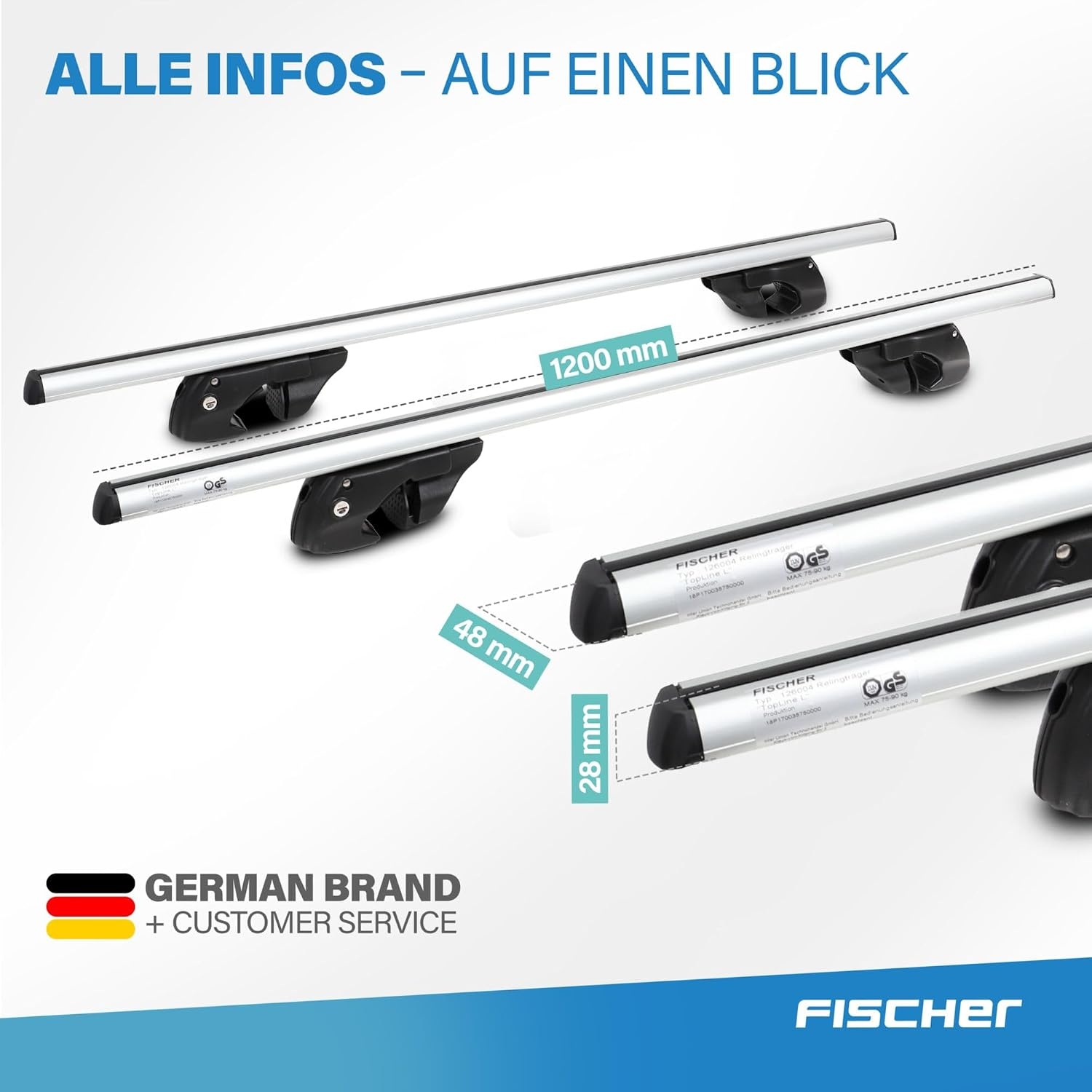 FISCHER 18096 Aluminium raildrager Topline L, afsluitbaar, voor fietsendrager, dakkoffer, skihouder, lengte: 1,20 m - Maat L (Lengte: 1,20 m)