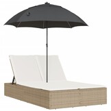 vidaXL Ligbed 2-persoons met kussens en parasol poly rattan beige