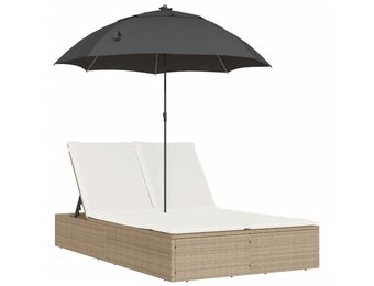 vidaXL Ligbed 2-persoons met kussens en parasol poly rattan beige
