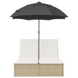 vidaXL Ligbed 2-persoons met kussens en parasol poly rattan beige