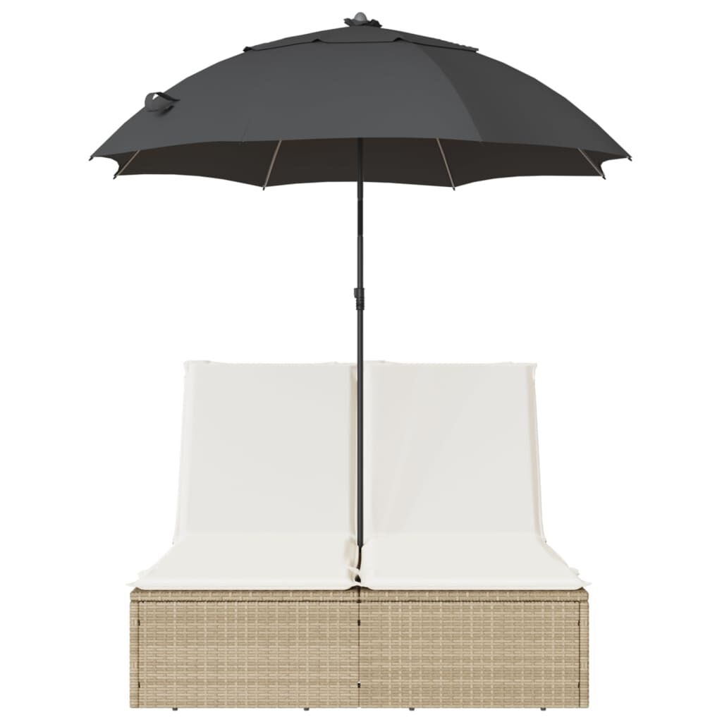 vidaXL Ligbed 2-persoons met kussens en parasol poly rattan beige