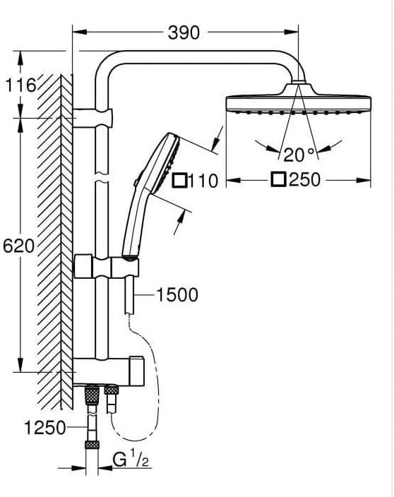 Grohe Vitalio 250 - douchesysteem met omschakeling, waterbesparend, 8 l per minuut (voor bestaande armaturen, 2 straalsoorten, douchestang 74cm), vierkant, chroom, 26698001 - Maat 74cm Brausestange (Standard)