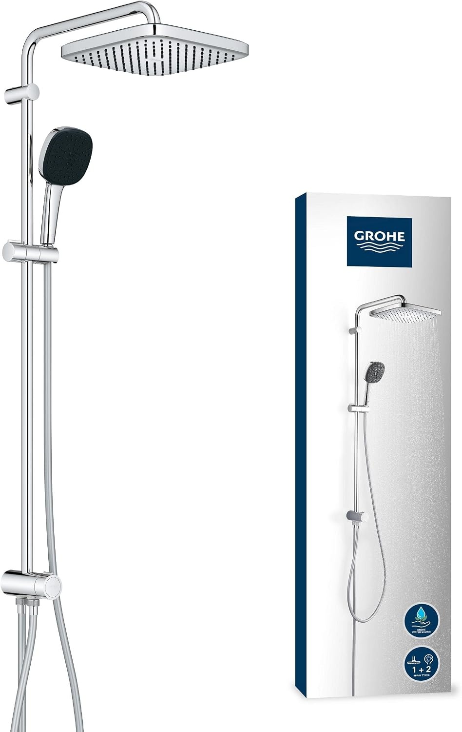 Grohe Vitalio 250 - douchesysteem met omschakeling, waterbesparend, 8 l per minuut (voor bestaande armaturen, 2 straalsoorten, douchestang 74cm), vierkant, chroom, 26698001 - Maat 74cm Brausestange (Standard)