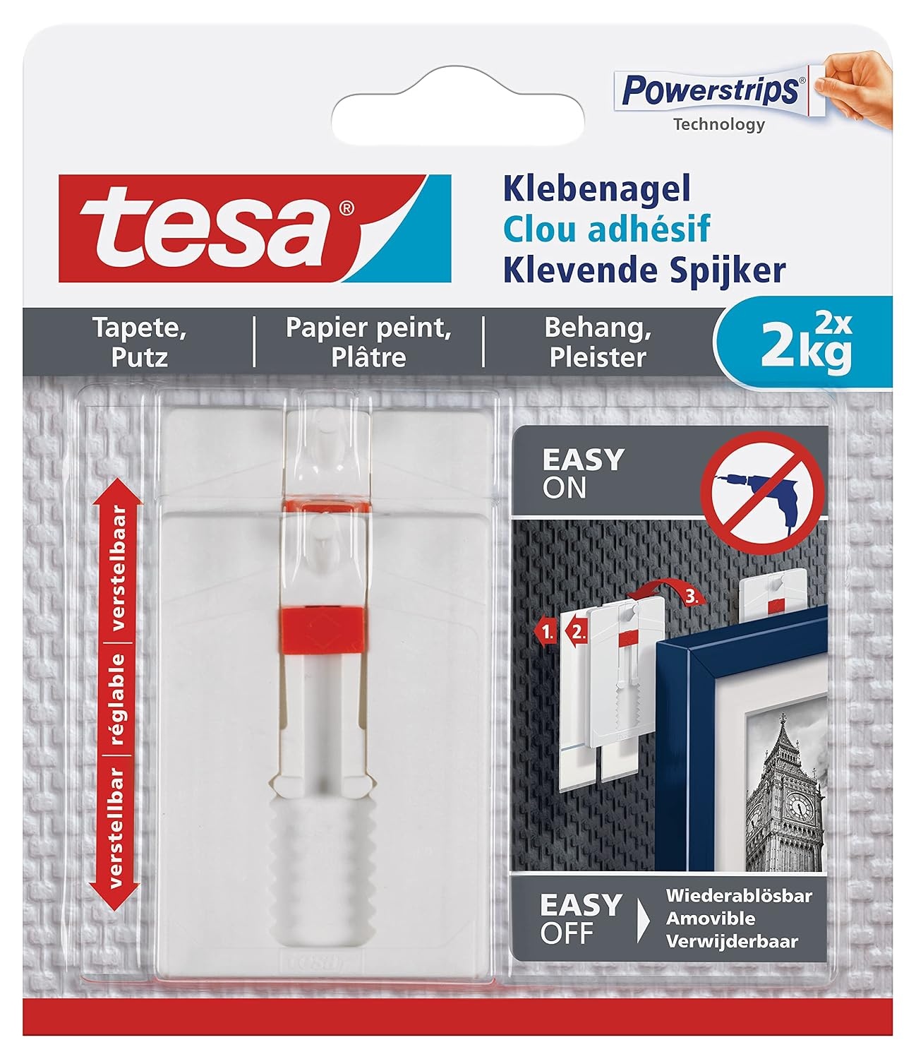 tesa Lijmspijkers Behang en Pleisterwerk - Verstelbaar - 2 kg - 2 Spijkers - Maat 2x 2,0kg