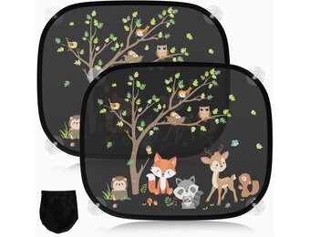 Zonwering voor in de auto, baby, met uv-bescherming, zonneklep, auto, kinderen, 45 x 36,5 cm, met 8 zuignappen en schattige dieren, bosdieren, 2 stuks