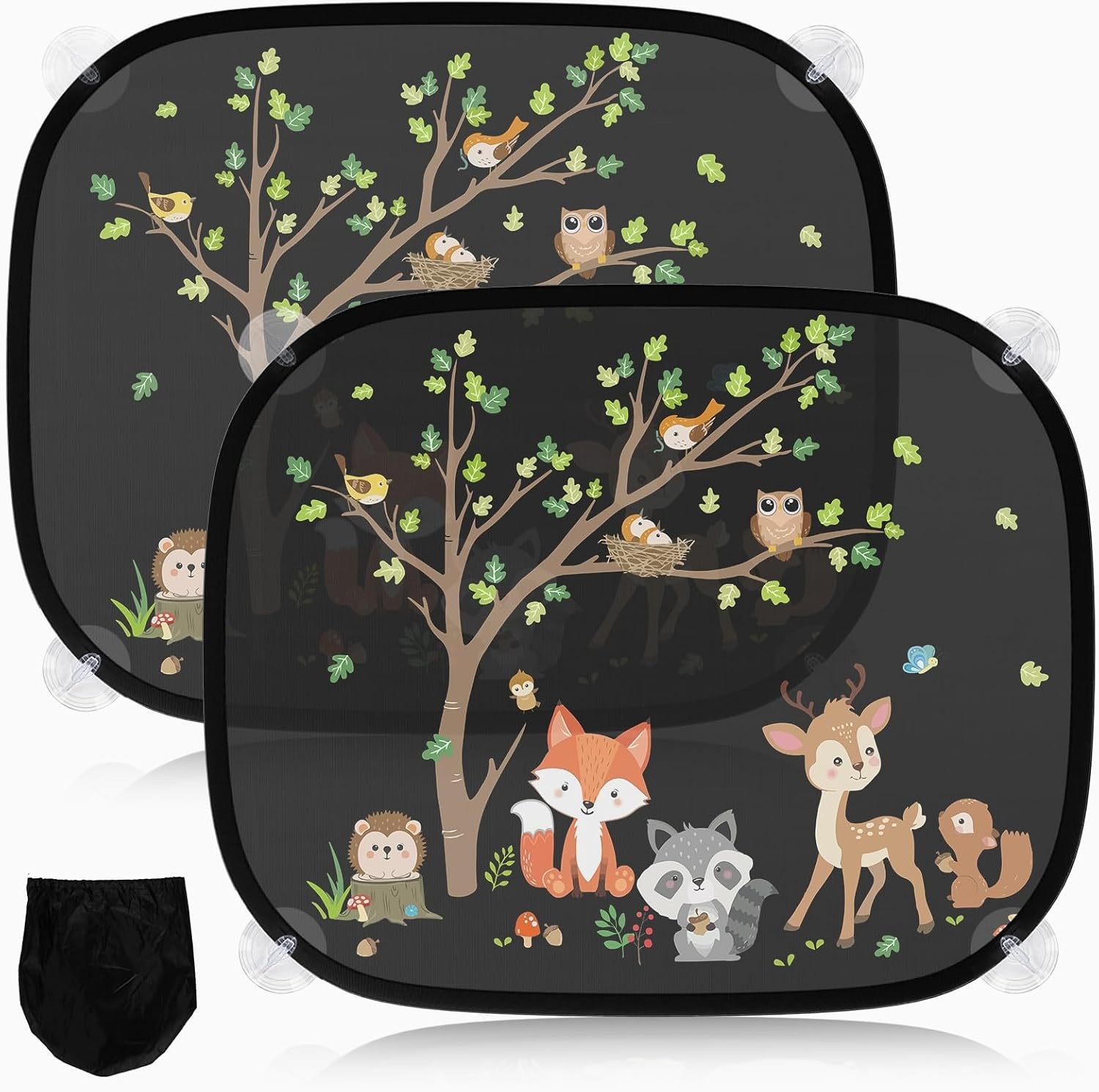 Zonwering voor in de auto, baby, met uv-bescherming, zonneklep, auto, kinderen, 45 x 36,5 cm, met 8 zuignappen en schattige dieren, bosdieren, 2 stuks
