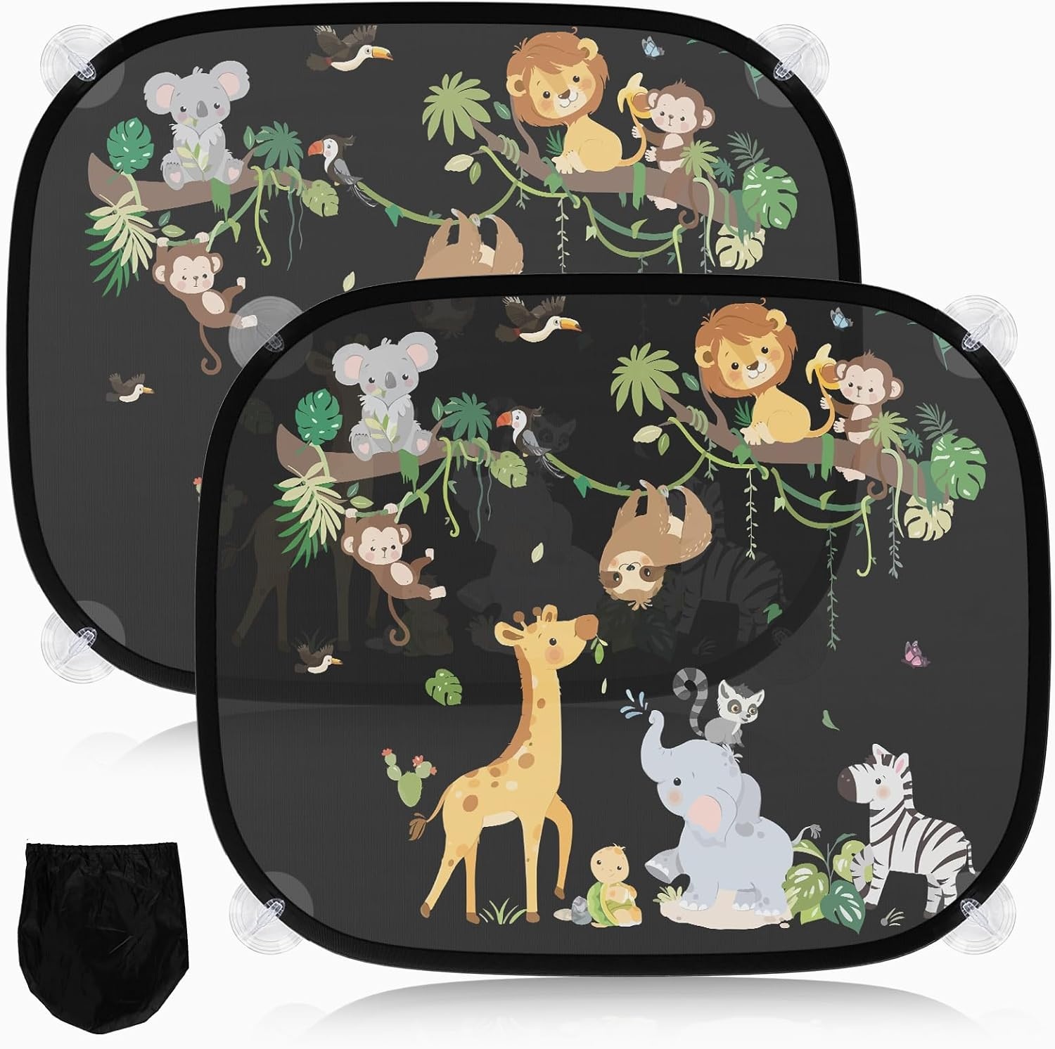 Zonwering voor in de auto, baby, met uv-bescherming, zonneklep, auto, kinderen, 45 x 36,5 cm, met 8 zuignappen en schattige dieren, bosdieren, 2 stuks