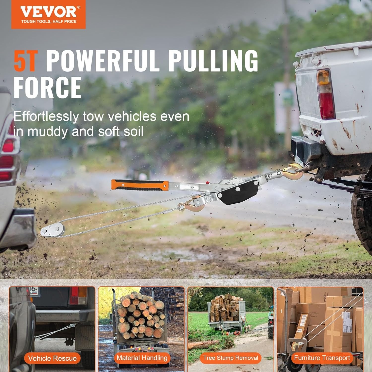 VEVOR Come Along Lier, 5 Ton (11 lbs) trekkracht capaciteit, 3,5 m stalen kabel, 3 haken, Heavy Duty Ratchet Power Puller Tool met dubbele versnellingen, Automotive Hijstoestel kabel trekker ideaal
