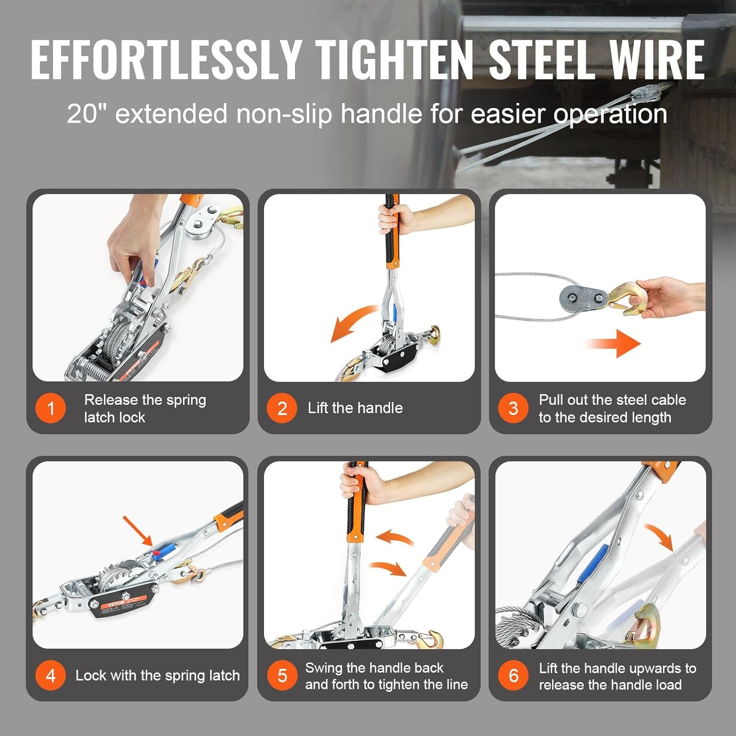 VEVOR Come Along Lier, 5 Ton (11 lbs) trekkracht capaciteit, 3,5 m stalen kabel, 3 haken, Heavy Duty Ratchet Power Puller Tool met dubbele versnellingen, Automotive Hijstoestel kabel trekker ideaal