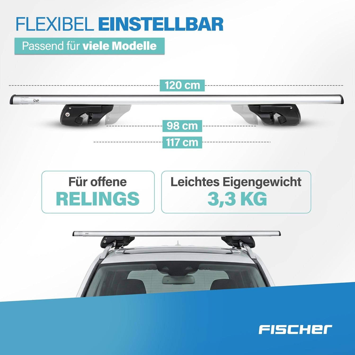 FISCHER 18096 Aluminium raildrager Topline L, afsluitbaar, voor fietsendrager, dakkoffer, skihouder, lengte: 1,20 m - Maat L (Lengte: 1,20 m)