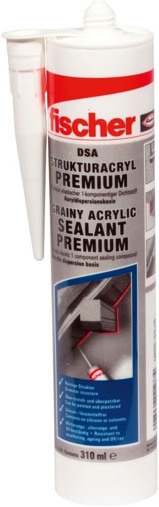 fischer Strukturacryl Premium DSA, korrelige afdichtingsmassa, scheur- en vulspatel voor binnen en buiten, voegmassa voor reparaties van ruwe oppervlakken, 310 ml, wit