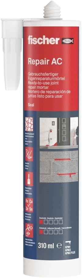 fischer Strukturacryl Premium DSA, korrelige afdichtingsmassa, scheur- en vulspatel voor binnen en buiten, voegmassa voor reparaties van ruwe oppervlakken, 310 ml, wit