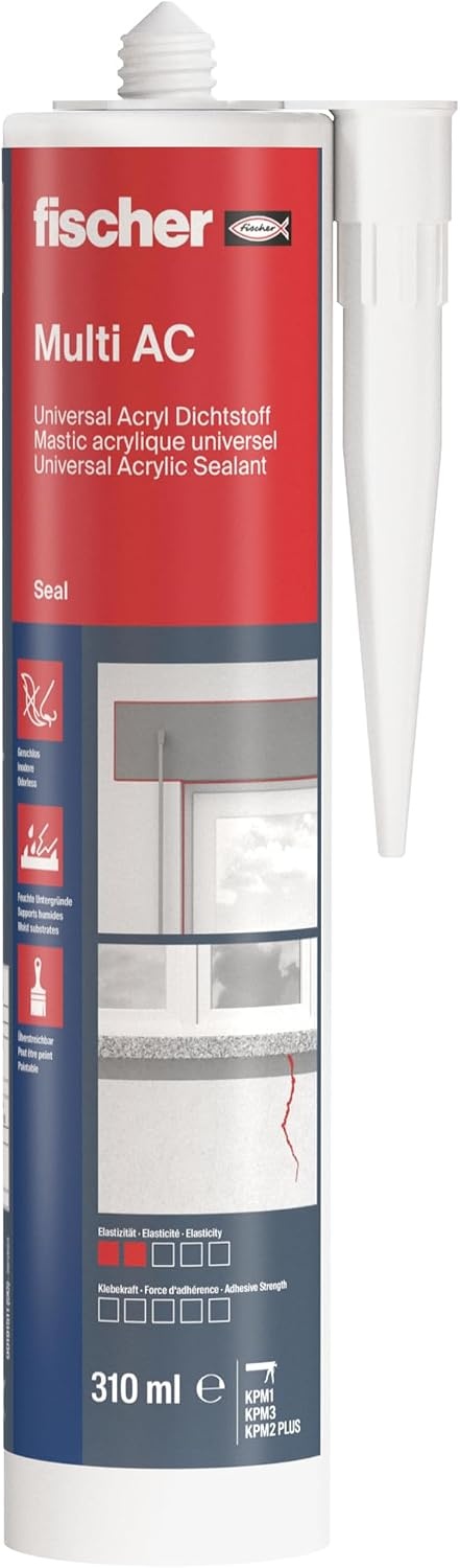fischer Strukturacryl Premium DSA, korrelige afdichtingsmassa, scheur- en vulspatel voor binnen en buiten, voegmassa voor reparaties van ruwe oppervlakken, 310 ml, wit