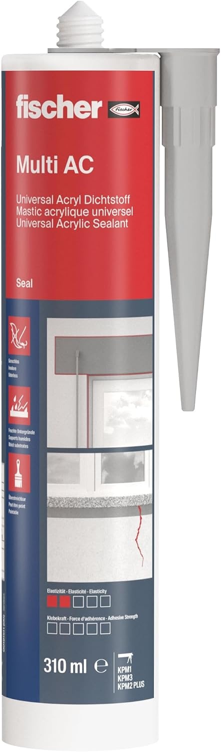 fischer Strukturacryl Premium DSA, korrelige afdichtingsmassa, scheur- en vulspatel voor binnen en buiten, voegmassa voor reparaties van ruwe oppervlakken, 310 ml, wit