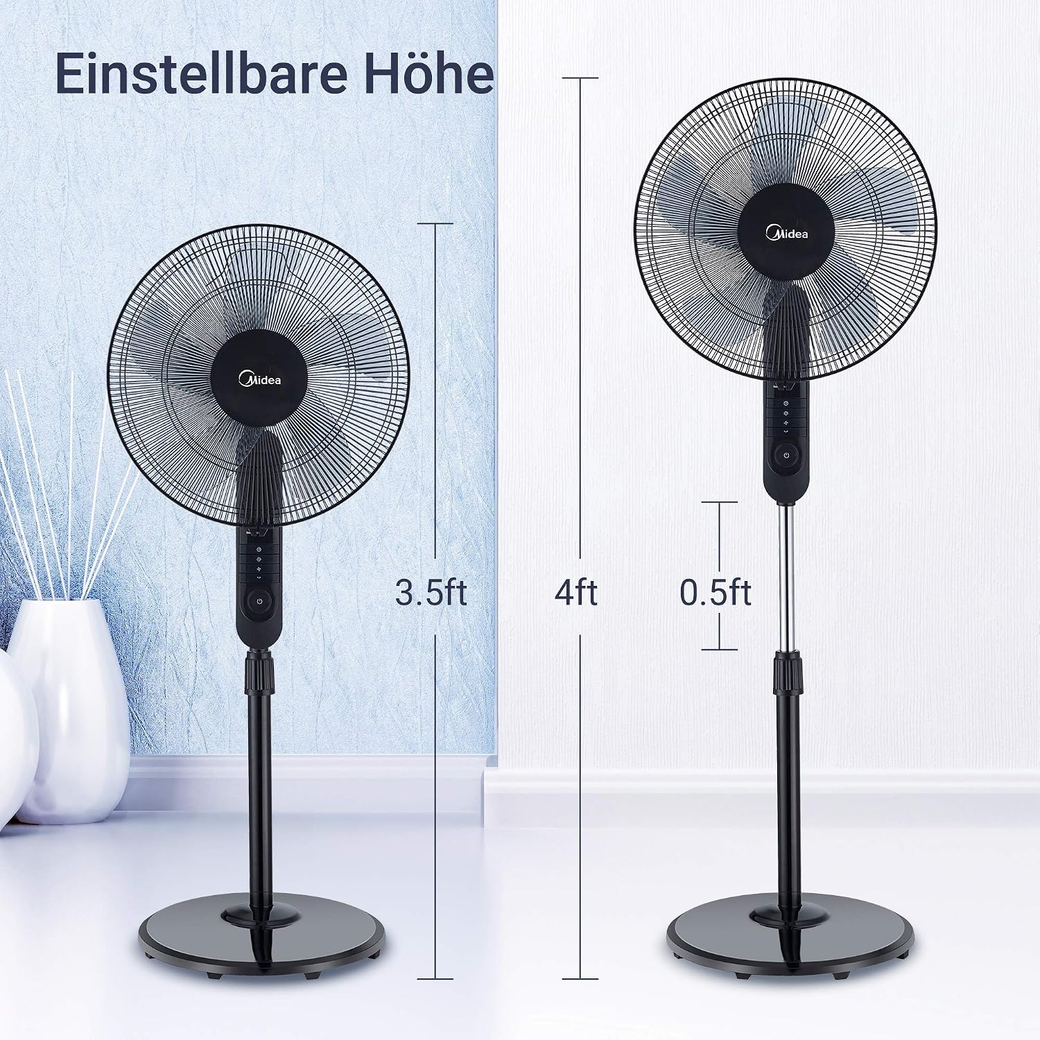 Midea FS40-15FR Staande ventilator, stil met afstandsbediening, 3 snelheden, led-display, 7,5 uur-timer, in hoogte verstelbaar, 80 graden oscillatiefunctie, 55 W krachtig, ventilator, luchtcirculatie, zwart