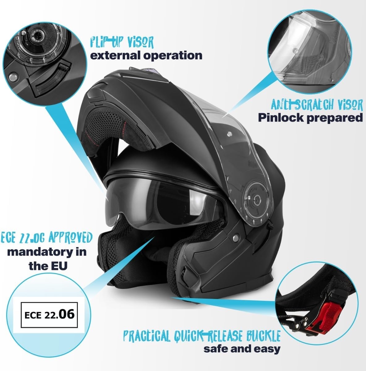 VINZ Santos Systeemhelm Matzwart L 59/60 - ECE 22.06 & Pinlock Klaar - 34% Korting