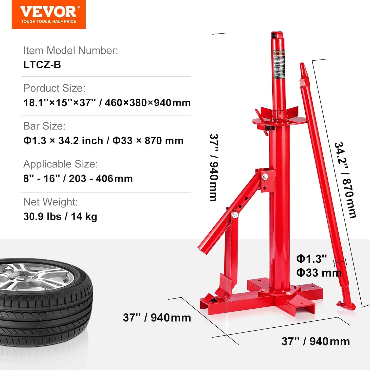 VEVOR Bandenwisselaar Bandenwisselaar 203-406 mm Verstelbaar, bandenwisselaar 460x380x940 mm Bandenwisselaar voor handmatige montage en demontage Bandenlichter