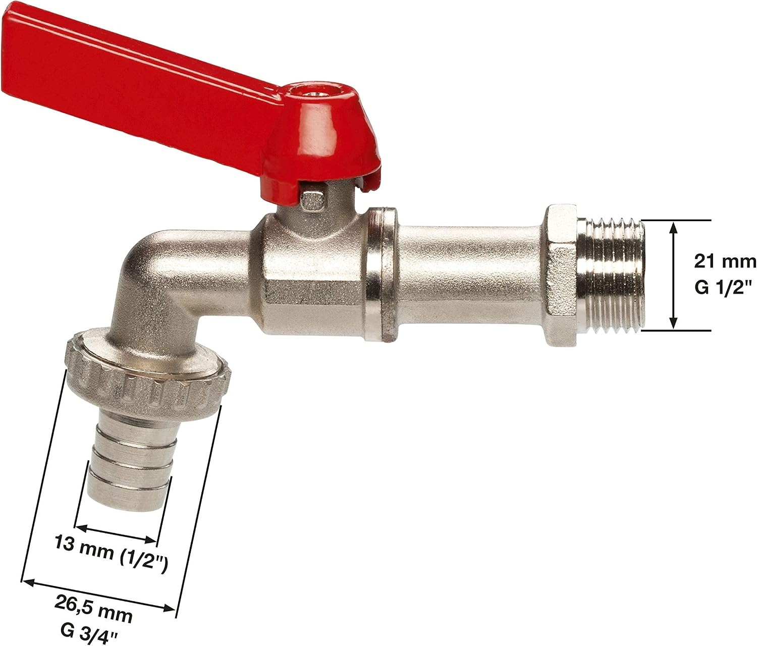 GARDENA kogel-uitloopventiel: Uitloopkraan voor binnen en buiten, schroefdraad van 26,5 mm (G 3/4"), voor slangen van 13 mm (1/2") (7332-20), metallic
