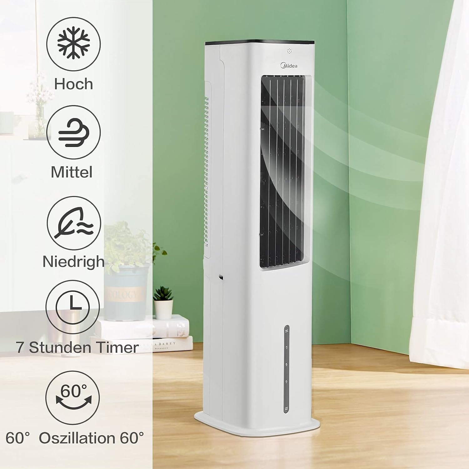 Midea Luchtkoeler met waterkoeling, mobiele airconditioning, ventilator met 5 liter waterkoeling, luchtbevochtiger en ionisatie, airconditioning zonder afvoerslang, 355 m³/u, ventilator met afstandsbediening, 55 W, wit