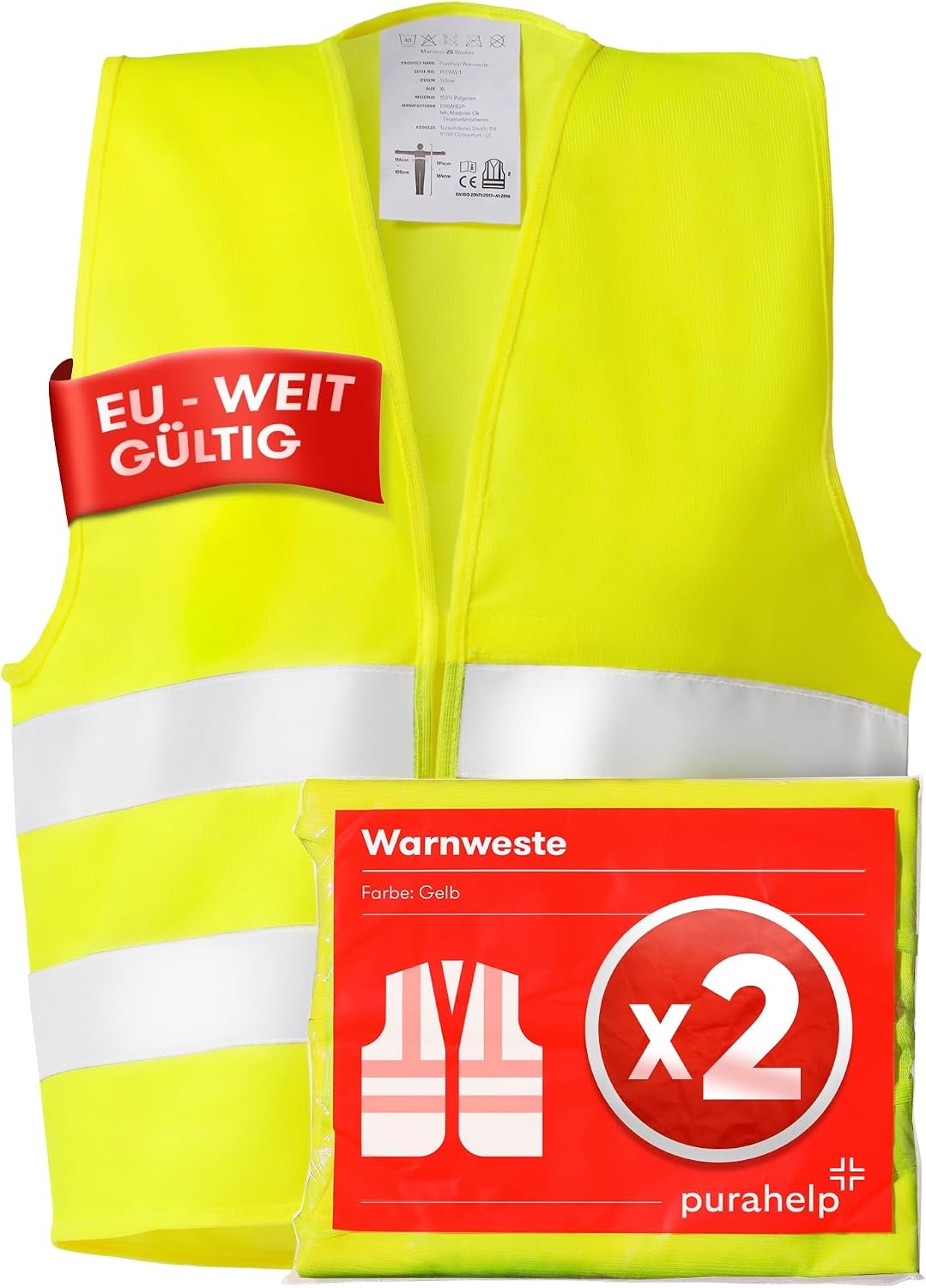 PURAHELP Veiligheidshesjes voor de auto, set van 2 stuks, Europees geldig volgens EN ISO 20471, reflecterend veiligheidsvest voor auto, geel - veiligheidsvest voor volwassenen