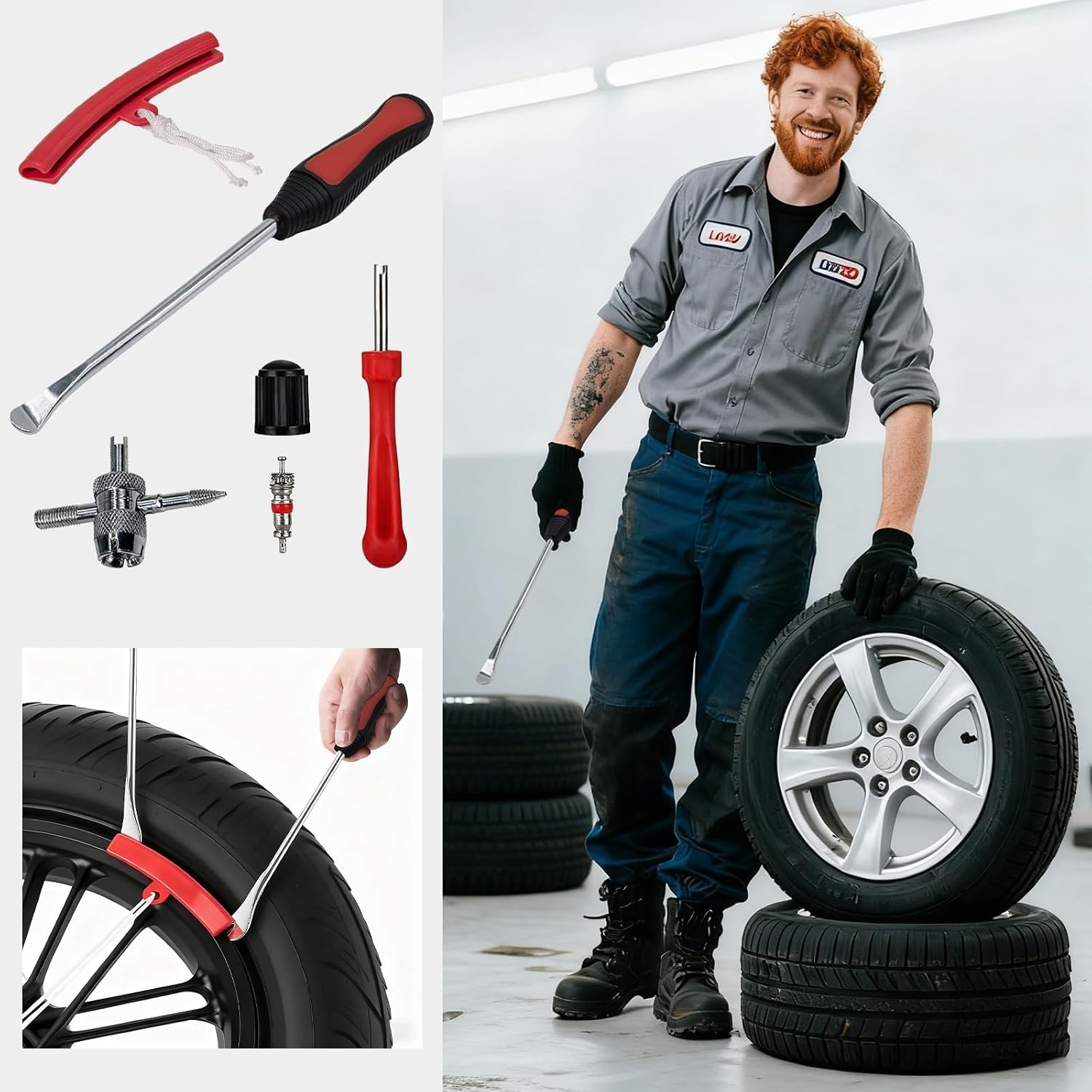 Panngu Montiereisen Banden gereedschap voor motorfiets, fiets en scooter Bandmontage gereedschap met draagbare bandenheber - Rood