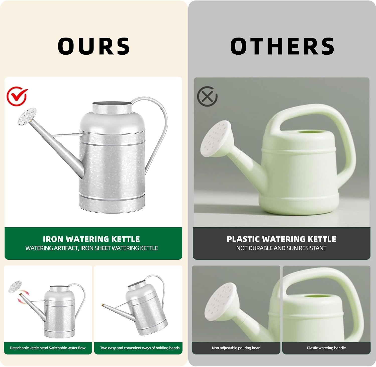 Verzinkte irrigatiekan voor binnenplanten buiten, kom van 2,3 gallon, waterkan met afneembare uitloop, metalen irrigatiekan voor binnenplanten en tuinbloemen