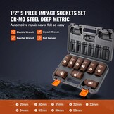 VEVOR 1/2" Drive Impact Socket Set, 9-delige Diepe Socket Set Metrisch 29-38mm, 6-punts Cr-Mo gelegeerd staal voor Auto Reparatie, Gemakkelijk af te lezen Maatmarkeringen, Robuuste constructie,
