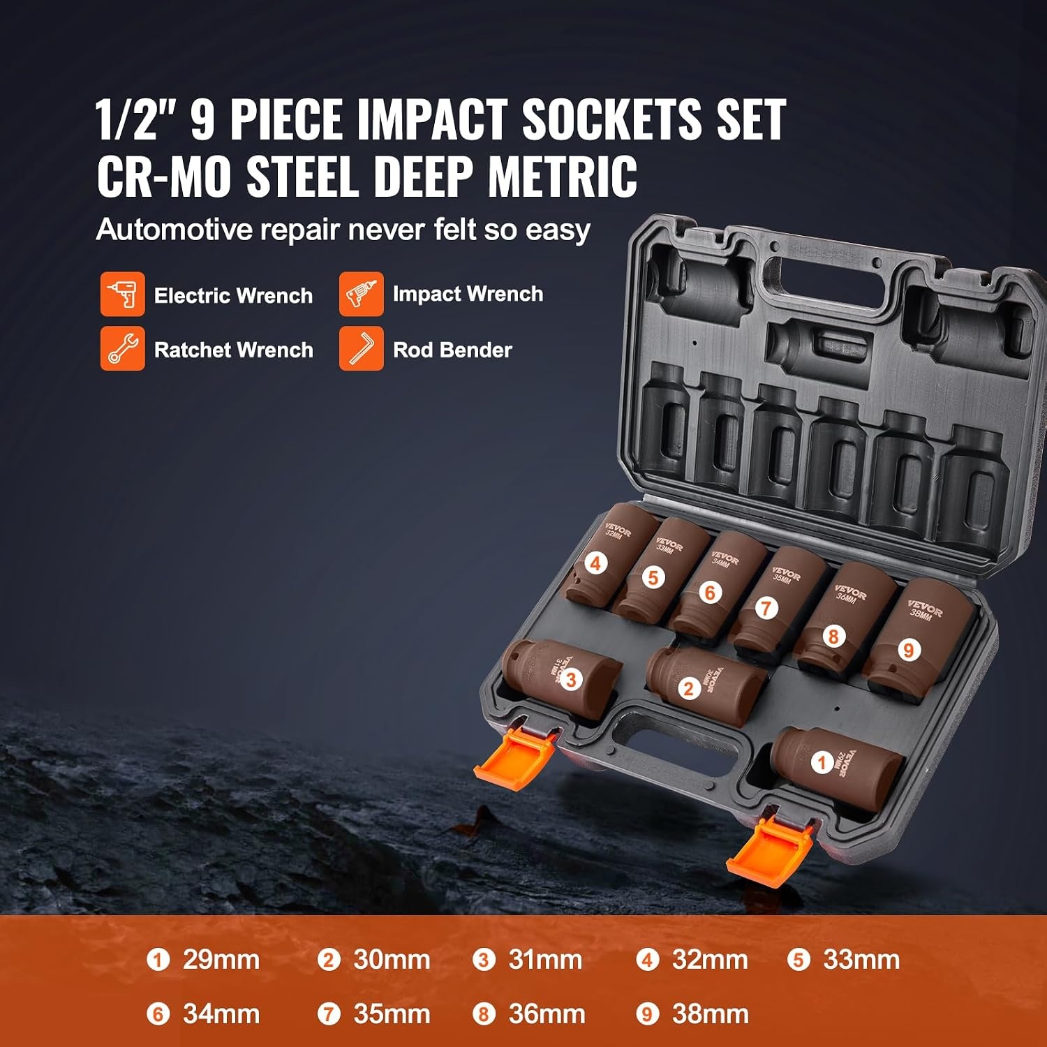 VEVOR 1/2" Drive Impact Socket Set, 9-delige Diepe Socket Set Metrisch 29-38mm, 6-punts Cr-Mo gelegeerd staal voor Auto Reparatie, Gemakkelijk af te lezen Maatmarkeringen, Robuuste constructie,