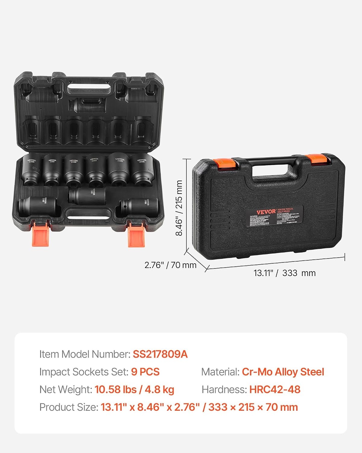 VEVOR 1/2" Drive Impact Socket Set, 9-delige Diepe Socket Set Metrisch 29-38mm, 6-punts Cr-Mo gelegeerd staal voor Auto Reparatie, Gemakkelijk af te lezen Maatmarkeringen, Robuuste constructie,