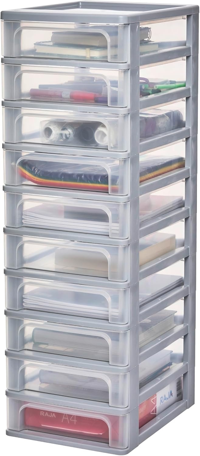 Iris Ohyama, Toren, Dressoir, Kunststof opbergorganizer met ergonomisch handvat, 10 + 4L, Unit, Met geïntegreerd handvat, BPA vrij, Kantoor, Slaapkamer, Woonkamer, OCH-2100, Grijs