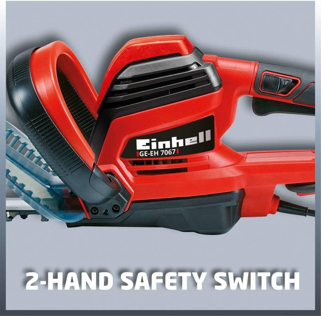Einhell Elektrische Heggenschaar GE-EH 7067 (700 W, 670 mm zaaglengte, 30 mm tandafstand, zaagmateriaalopvangbak, handbeschermer, metalen tandwielaandrijving, kabelontlastingsklem, stootbeschermer), zwart, rood