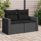 vidaXL Tuinbank met kussens 2-zits zwart poly rattan
